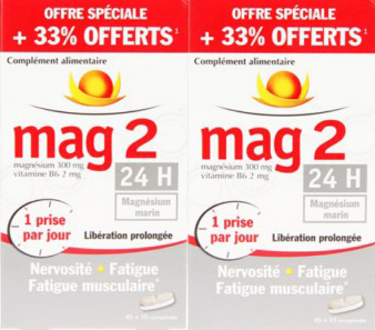 Mag 2 24H Mag 2 est un complément alimentaire, sous forme de comprimés, à base de magnésium marin et de vitamine B6, qui participent à la réduction de la fatigue et contribuent au fonctionnement normal du système nerveux.
